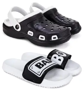 Pampy Angel Combo Pack of 2 Slipper/Flip Flops/Slides/Clogs/Sandals with Adjustable Back Strap for Men,(Cl-Shell-Black,Badboy-White),7 (UK/India)