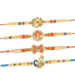 De Marquis Designer Assorted Rakhi, Chawal Roli Pack, Greeting Card Set (4 Rakhi Combo set For Brother)