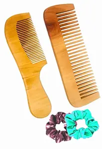 BigBro Pure Natural Wooden Comb 2 pc Wide Teeth for Women and Men | Organic Antibacterial Hair Dandruff Remover Styling Comb| Handcrafted (Super Saver Pack of 2 Combs + 2 Velvet Hair Scrunchies)