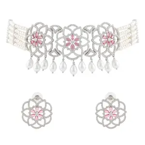 VOYLLA Halo Essence Mandala Floral Choker Necklace Set|American Diamond|Western|Cocktail|Party|Gift For Her|