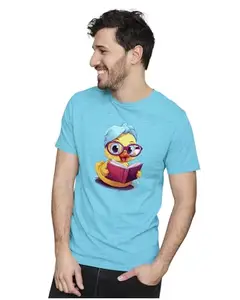 ALLEN BLACK Men's & Women's Regular Fit T-Shirt Cute Rubber Duck Reading Book 100% Cotton Unise T-Shirt Sky Blue_RUBBER04-Sky Blue 2XL Men Round_