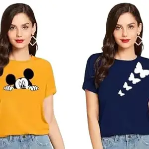 Women's Stylish Trendy Mickey and Butterfly Printed 100% Cotton T-Shirt Combos for Women & Girls (Pack of 2) Multicolor Colored (UG-225-L)