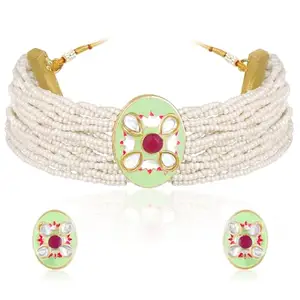 Peora Gold Plated Mint White Synthetic Stone & Beads Studded Necklace Stud Earrings Jewellery Set for Women Girls