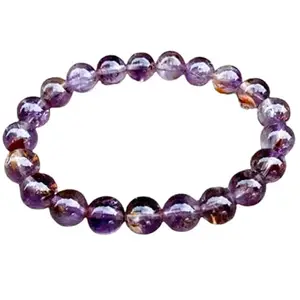 Lady Works Natural Amethyst Cacoxenite 8mm Round Shape Smooth Cut Beads 7 Inch Stretchable Bracelet For Men & Women. Unisex Bracelet For Healing, Meditation, Prosperity, Gift & Luck|LW_BRST_00535_7.0