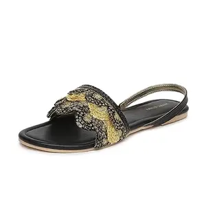 Marc Loire Women's Black Embroidered and Embellished Flat Fashion Sandals, 6 UK