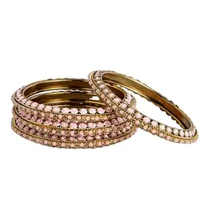 ACCESSHER Set Of 4 Gold Plated Pink Bangle Set For Women And Girls - 2.4
