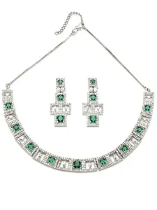 Karatcart Silver Tone Green American Diamond Studded Necklace Set