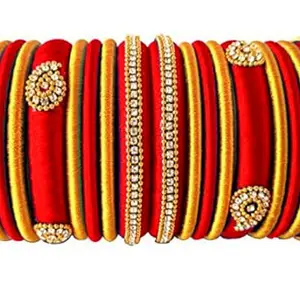 pratthipati's Silk Thread Bangles Plastic Bangle With Gold Set For Women's New Model (cherry red) (Pack of 18) (Size-2/0)