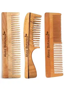 Alvez Botanica Neem Wood Comb | For Men & Women | Detangling | Frizz Control | Herbal Oil Soaked Wide + Fine Tooth & Premium Handled Comb | Pack of 3