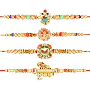De Marquis 4 Designer Rakhi Gift Set for Brother, Mauli Thread Rakhi, Chawal Roli Pack, Greeting Card Set (4 Multicolor RAKHI set in different design with Roli and chawal)