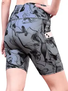 Womens High-Waisted Bike Shorts with Phone Pocket, Grey Smoke Print, Athletic Compression, Gym Workout Sports Activewear Shorts (PN-SH-Smoke-Grey-S_BAZ)
