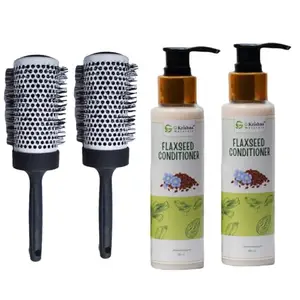 G Krishna Naturals Big Roller Hair Brush & Flaxseed Conditioner for Women & Men | Durable Long Lasting Wood Kangi and Hair Conditioner for Natural Hair Growth (Pack of 2 Each)(GKNFPC2-14)