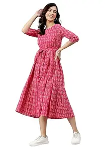 Women's Empire Waist Cotton Dress, White Print, Pleated (in, Alpha, M, Regular, Pink)