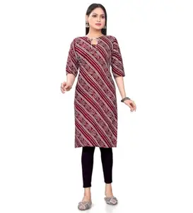 Women's Casual 3/4th Sleeve Geometric Printed Polyester Calf Length Straight Kurti PID-45470 | Pack of 1_Red_2XL |