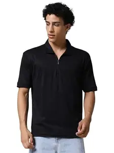 PRONK Mens Textured Polo Neck Half Sleeve Half Zipper Cotton Polo T-Shirt Black