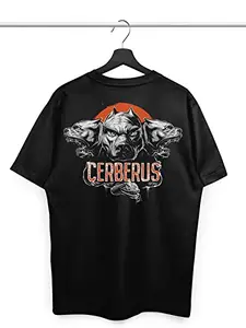 THREADCURRY Cerberus Oversized Printed Biker T-Shirt for Men | Half Sleeves Streetwear Baggy Racer Bike T Shirts | Drop Shoulder Cotton Loose Tee for Men Black