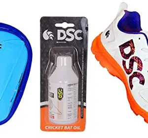 DSC 1500428 Attitude Cricket Abdominal Guard Men, Multicolour & Beamer Cricket Shoes for Men (9 UK, Fluro Orange-White) & Cricket Bat Oil 100 ml