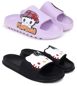 Pampy Angel Combo Pack of 2 Slipper/Flip Flops/Slides/Clogs/Sandals for Women,(T-Peso-Purple,Kitty-Black),37 (Euro)