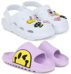 Pampy Angel Combo Pack of 2 Slipper/Flip Flops/Slides/Clogs/Sandals with Adjustable Back Strap for Women,(WCL-123-White,T-Eyes-Purple),36 (Euro)