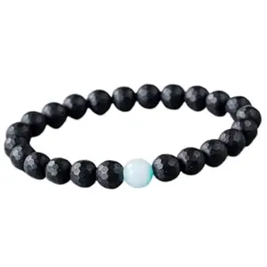 RRJEWELZ 8mm Natural Gemstone Black Onyx With Amazonite Round shape Faceted & Smooth cut beads 7 inch stretchable bracelet for men & women. | STBR_01588