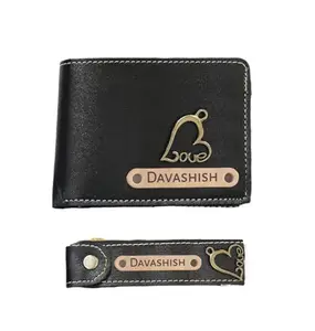 NAVYA ROYAL ART Customized Wallet and Keychain Combo for Men | Personalized Wallet Keychain Set with Name Printed | Leather Name Wallet Keychain for Men | Customised Gifts for Men with Name & Charm , Black