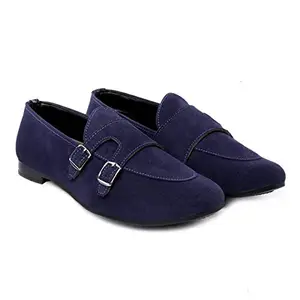 YUVRATO BAXI Men's Blue Suede Double Monk Casual Slip-On Shoes-10 UK