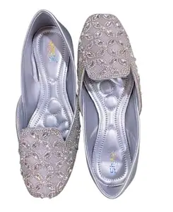 Women's Silicon Sole Synthetic Leather Designer Mojdis Bellies| Ballet Flats for Women Silver Size,38