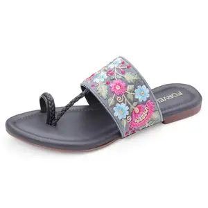 FORVELA Women Flat Sandal Ethnic Embroidered Casual Stylish Footwear Fashion Slipper Ladies Chappal for Party, College and Wedding Wear F-611 (GREY, UK Footwear Size System, Adult, Women, Numeric, Medium, 7)