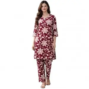Thisha Women Floral Printed Kurta Pant Set | Cotton Blend Kurta Co-Ord Set | Round Neck 3/4 Sleeve Straight Kurti with Pants