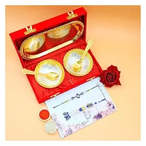 Piepot Premium Rakhi Gift for Brother and Bhabhi | Rakhi for Brother with Gift Silver and Gold Plated Bowl Set | Three Rakhi with Roli Chawal for Bro/Brother/Bhaiya/Bhai/Bhabhi