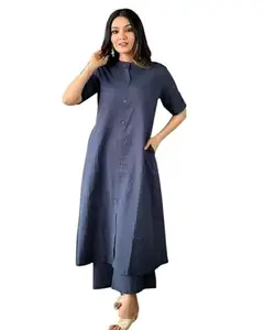 Gauri Collection Cotton Lining Design Straight Kurta with Palazo for Women | Casual Wear Pant Top Set | Fancy Co-Ord Set | Full Pair Set | Women Kurta Pant Set | (in, Alpha, 2XL, Regular, Blue)
