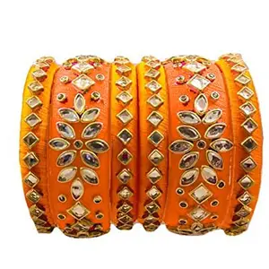 HARSHAS INDIA CRAFT Silk Thread Bangles Stones Chuda Bangle Set (Yellow-Orange) (Size-2/0)