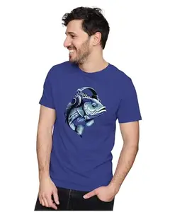 ALLEN BLACK Men's & Women's Regular Fit T-Shirt Hip Bass Fish Wearing Headphones 100% Cotton Unise T-Shirt Royal Blue_BASFISH15-Royal Blue S Men Round_