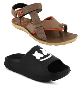 Liboni Mens Brown Casual Sandals & Comfort Flip -Flops Black Slippers Cobmo pack of 2 (Outdoor Sandal, 7)