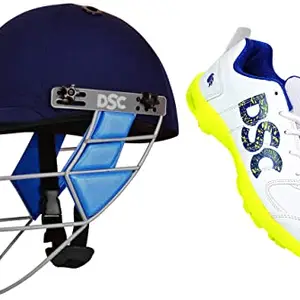 DSC 1500213 Guard Cricket Helmet Medium (Navy) & Beamer Cricket Shoes Size for Men (9 UK, Fluro Yellow-White)
