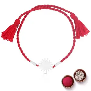 ZULRI 925 Sterling Silver Sun Rakhi for Bhai Cotton Thread | Rakshabandhan Rakhi With Greeting Card & Roli Chawal and Certificate of Authenticity 925 Silver