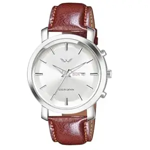 LOUIS DEVIN Black/Blue/Brown/Green Leather Strap Analog Wrist Watch for Men with Day and Date Display (Black/Blue/Brown/Silver/Green Dial) | LD-WT410