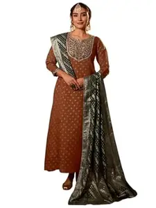 Naixa Women's Vichitra Silk Embroidered A-Line Kurta with Pant and Dupatta Sets (NX-904)