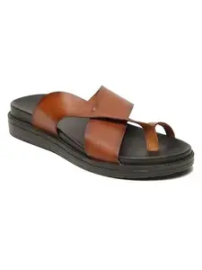 TEAKWOOD LEATHERS Men’s Leather Toe Loop Sandals - Stylish Criss-Cross Strap Design with Toe Loop - Premium Leather Sandal- Ideal for Casual and Semi-Casual Wear- | T_SH_FP_109_TN44 TAN