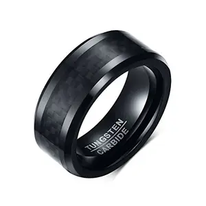Asma Jewel House 8mm Black Tungsten Carbide & Carbon Fiber Inlay Beveled Polished Edge Comfort Fit Ring for Men