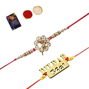 Stylish Classic Look "BAL GOPAL" Pendant Rakhi With "DILDAR BHAI " Rakhi combo For Bhaiya With Roli Chawal And Greeting Card -129