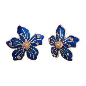 Voylla Flower Fantasy Sapphire Blue Statement Studs|Studs For Women|Earrings For Women|Gift For Her|Floral|Summer|