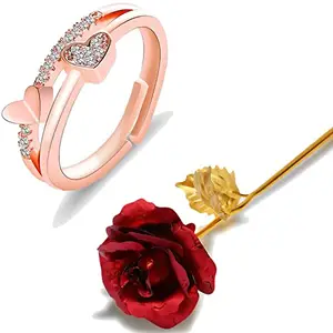 Fashion Frill Valentine Gift For Girlfriend Heart AD Ring 24K Gold Rose Finger Ring For Women Girls Love Gift For Girlfriend Wife Anniversary Gift