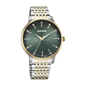 Sonata Quartz Analog Green Dial Stainless Steel Strap Watch for Men