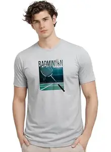 ADRO Mens Badminton Graphic T-Shirt | Cotton Lycra Tshirt | 180 GSM Stretchable Crew Neck Sports Tee | Breathable Casual T Shirt for Men