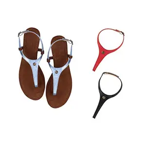 Cameleo -changes with You! Cameleo -changes with You! Women's Plural T-Strap Slingback Flat Sandals | 3-in-1 Interchangeable Leather Strap Set | Silver-Red-Black