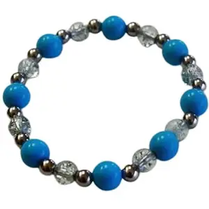 RRJEWELZ 6-8mm Natural Gemstone Crystal Quartz & Blue Jade Round shape Smooth cut beads 7 inch stretchable bracelet for women. | STBR_RR_W_02964