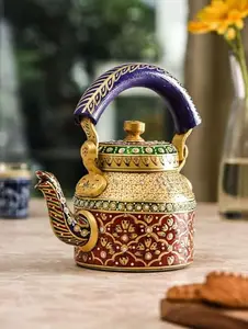 KEDAR Present Handpainted Rajasthani Traditional Aluminium Decorative Tea Kettle - Colorful, Unique Design (8.5 x 8.25 x 5.5 Inches)