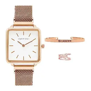 Joker & Witch Stainless Steel Women Pixie Dust Cancer Love Triangle Analogue Watch, White Dial, Rose Gold Band