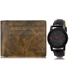 LOREM Combo of Black Wrist Watch & Brown Color Artificial Leather Wallet (Fz-Wl19-Lr08)